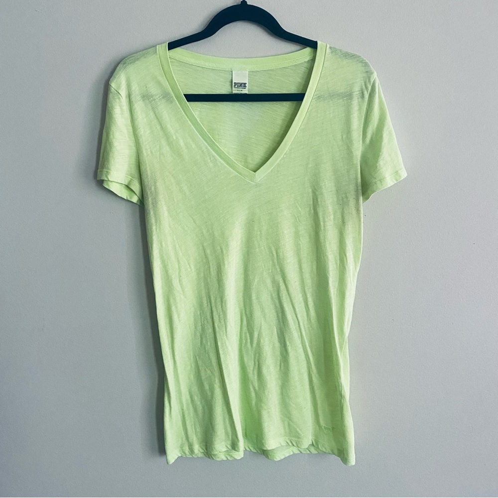 PINK Victoria's Secret Women's Neon Yellow V Neck T-shirt Size Large
